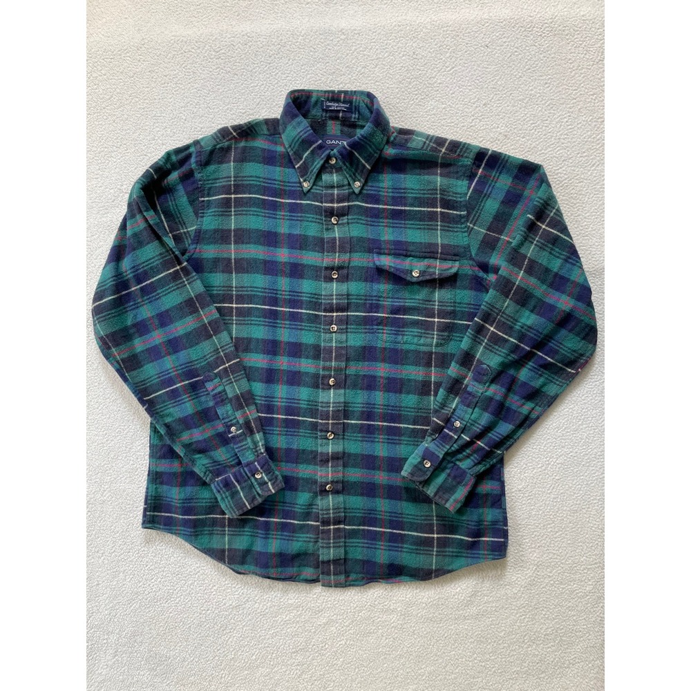 90s Vintage Gant Mens Medium Flannel Shirt Green Blue Plaid Cambridge Cotton